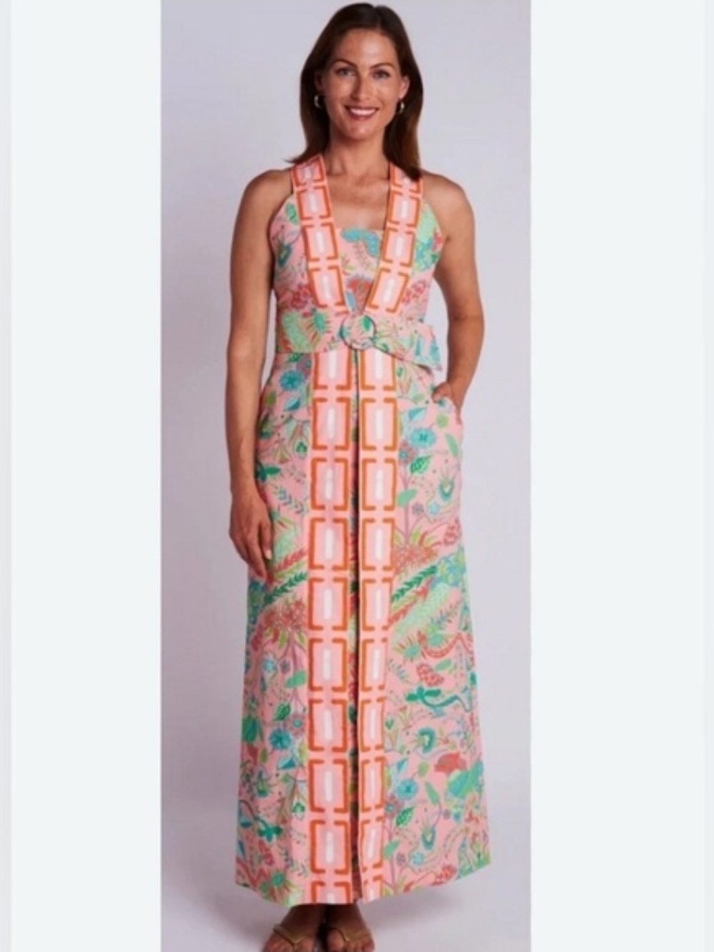 CK Bradley Gwendolyn maxi dress features a bright floral coral print Sz L